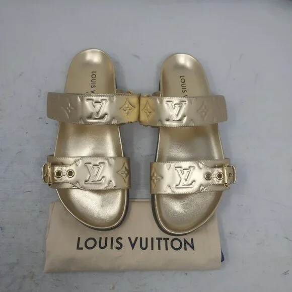 Louis Vuitton Gold Buckle Bom Dia Monogram Flat Slide Sandal - Picture 11 of 14